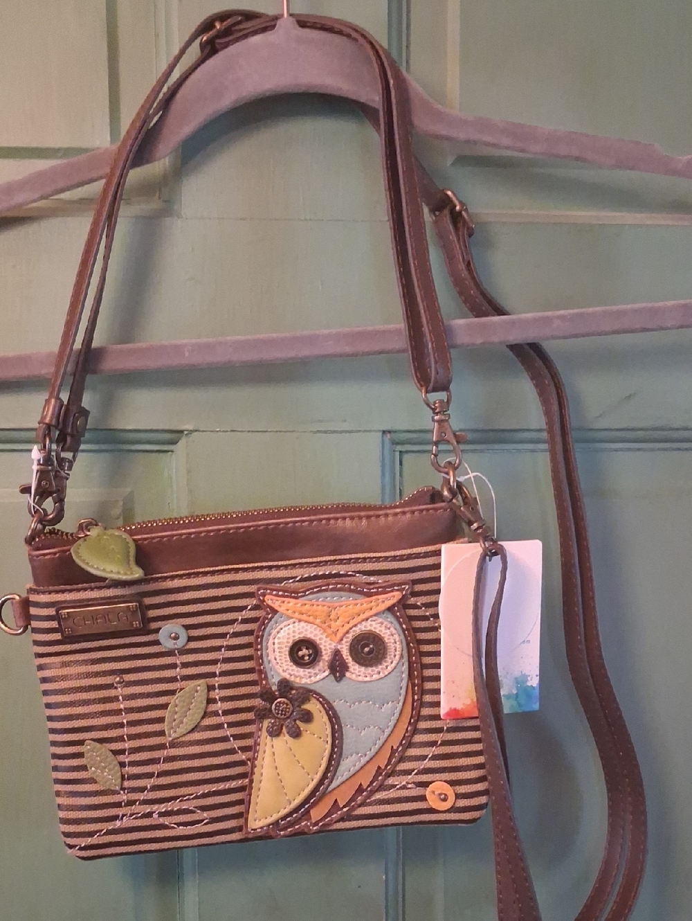 Chala Brown Striped Owl Crossbody Bag - Brown, Cream, Green, Blue